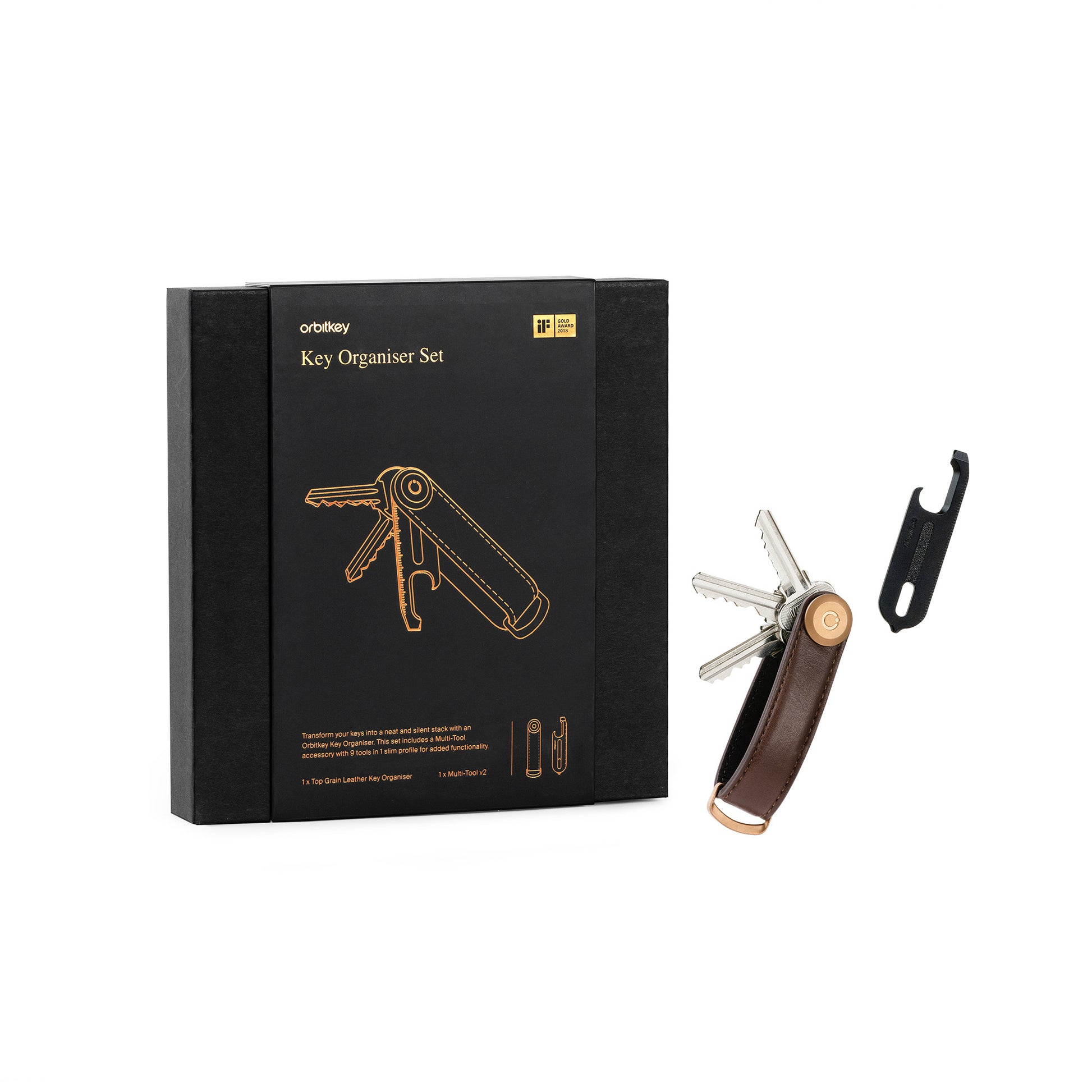 Orbit Key Gift Set Espresso Brown│Key Organizer en Multitool│Sleutelhanger art. GLT2-ESB-201│key organizer naast verpakking