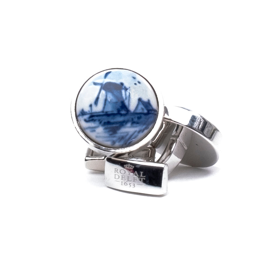 Manchetknopen Rond Molen│Royal Delft│Delfts Blauw│foto witte achtergrond