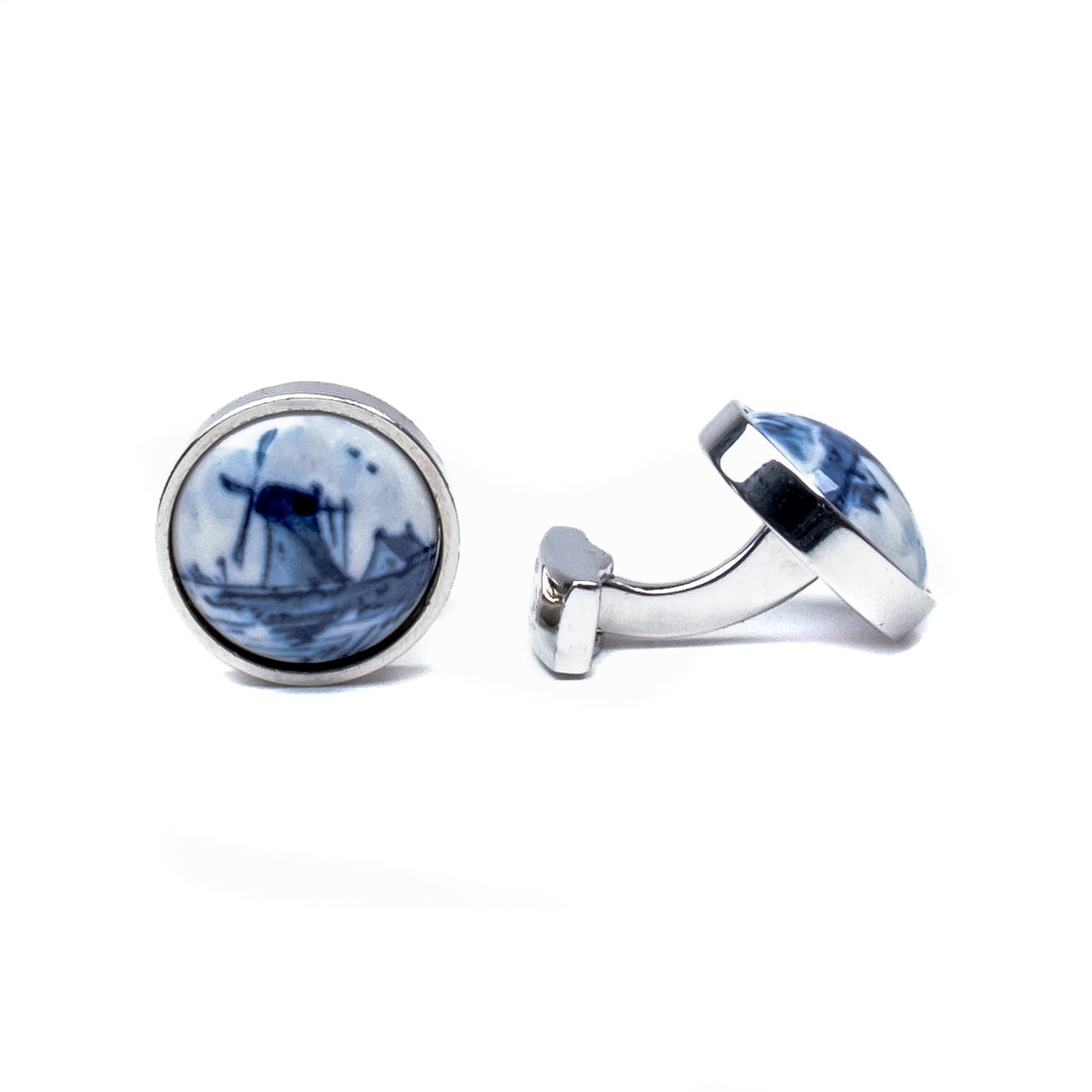 Manchetknopen Rond Molen│Royal Delft│Delfts Blauw│art. 10651400│op elkaar ligggen met witte achtergrond