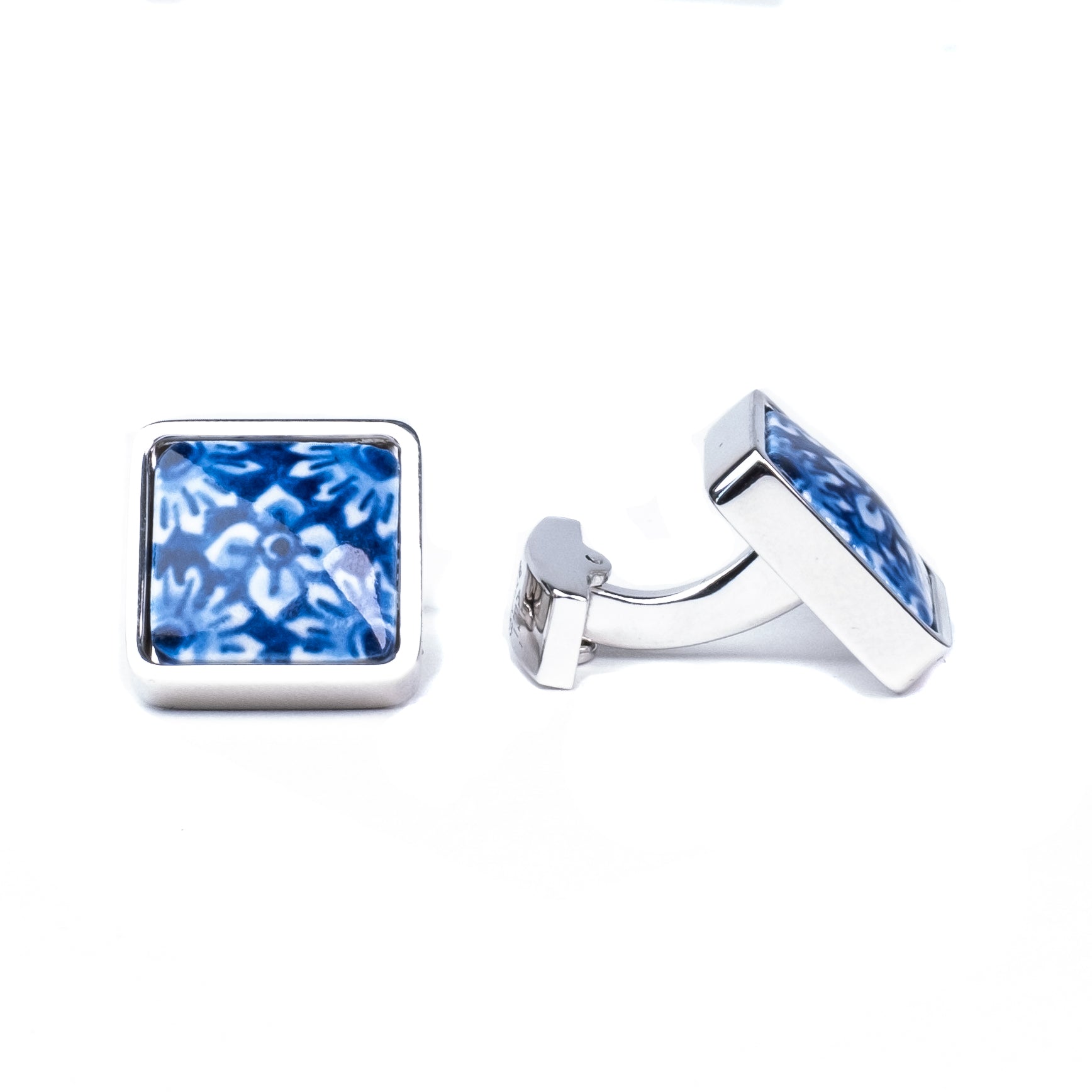 Manchetknopen Royal Delft│Bloemmotief│Delfts Blauw│voorkant en zijkant